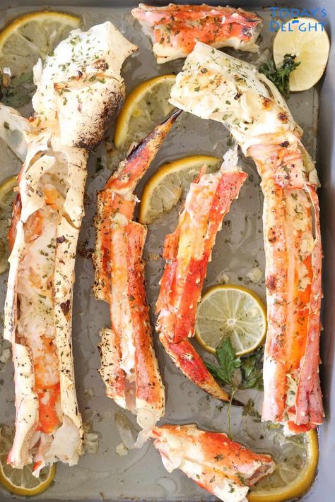 Baked King crab legs are easy to cook and delicious with garlic butter sauce. For baked King crab legs recipe and more, visit todaysdelight.com Baked King Crab Legs Recipe, Alaskan Crab Legs, Garlic Scallops Recipe, King Crab Legs Recipe, Steamed Crab Legs, Dungeness Crab Recipes, Cooking Crab Legs, Crab Legs Recipe, Baked Crab