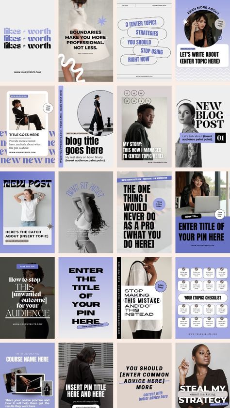 With over 40+ designs in this Canva template pack, you can get started on your Pinterest content creation journey as a small business owner. These Canva templates are strategically designed to help you create Pins to promote your products, your blog, your podcast, connect with your audience, and more!! Brand Fonts Canva, Podcast Instagram Feed, Social Post Design, Canva Design Ideas, Pinterest Pin Design, Blog Post Design, Podcast Marketing, Pin Templates, Instagram Branding Design