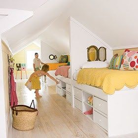 Sloped Ceiling Bedroom, Small Attic Bedroom, Attic Bed, Kids Rooms Shared, Small Kids Room, Attic Bedroom Designs, Happy Room, Small Attic, Attic Bedrooms