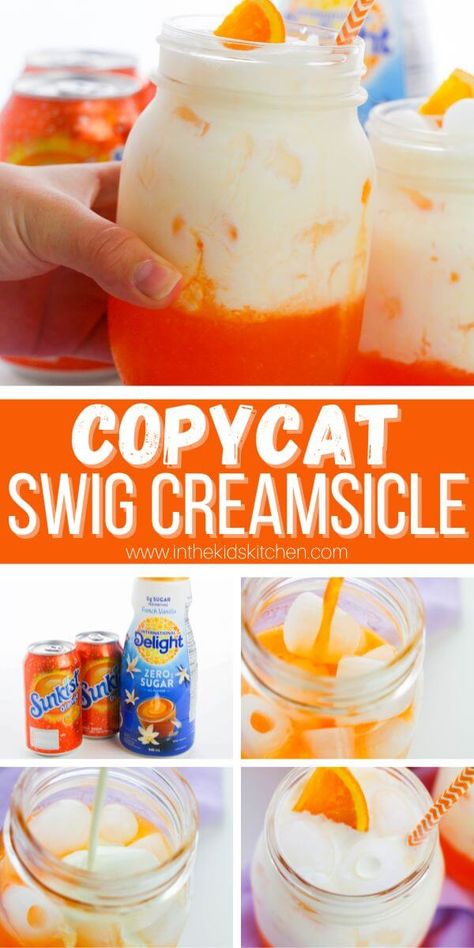 Copycat Swig Creamsicle Pinterest image. Swig Recipes, Swig Drink Recipes, Whipped Drinks, Fun Kids Drinks, Swig Drinks, Dessert Orange, Kid Drinks Recipes, Milkshake Recipe Easy, Kid Friendly Drinks