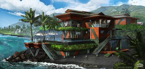 ArtStation - Maui - Beach House, Francis Goeltner Fantasy Planets, Hawaiian House, Open Architecture, Dark Future, Maui Beach, Speed Painting, Minecraft Inspiration, Game Concept Art, Futuristic City