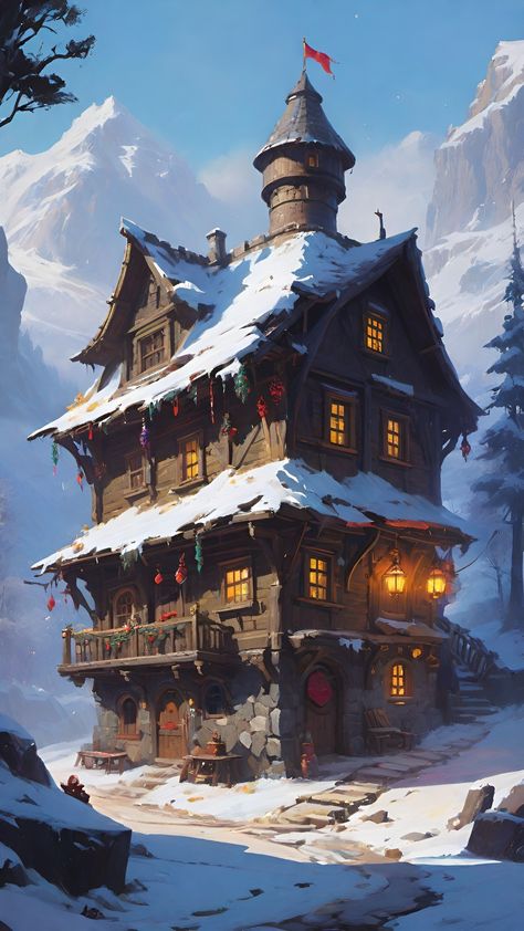 Fantasy Tavern Exterior, Tavern Exterior, Fantasy Inn, Tiny Glade, Fantasy Tavern, Fantasy Locations, Medieval Houses, Card Book, Mountain Homes