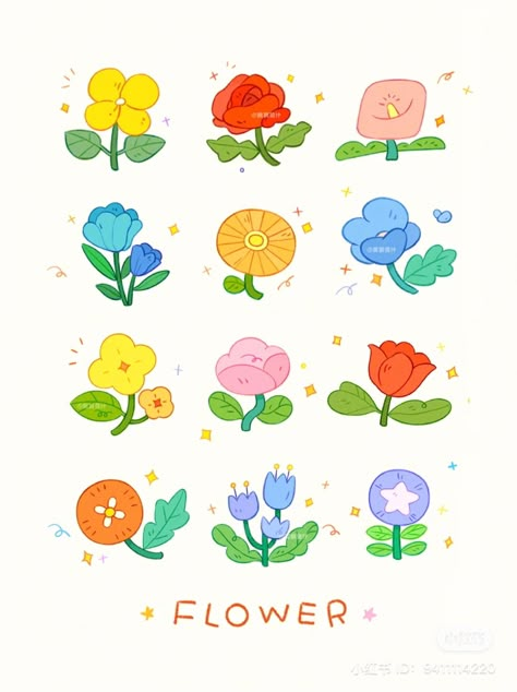 Small Flowers Illustration, Flower Flat Illustration, Flower Character Design, 2d Flowers, Flower Character, Flower Typography, Flower Cartoon, Bud Flower, Color Pencil Illustration