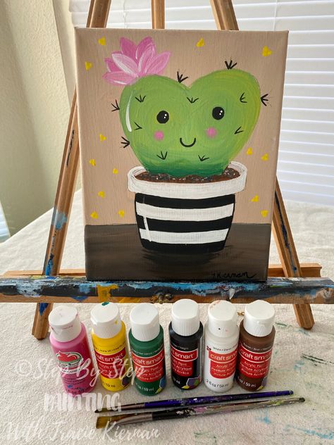 Cute Heart Cactus Succulent Lesson Download Heart Succulent, Easy Things To Paint, Heart Cactus, Cactus Heart, Kids Canvas Painting, Things To Paint, Succulent Painting, Painting Lesson, Kids Canvas Art