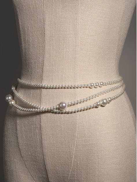 1pc Women's White Faux Pearl Waist Chain For Dress Decoration, Fashionable And Elegant Waist Belt For Daily Use PartyI discovered amazing products on SHEIN.com, come check them out! Female Harness, Pearl Waist Chain, Body Belt, Harness Fashion, Dress Decoration, Chain Dress, Belly Jewelry, Beaded Belt, Pants Dress