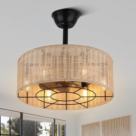 Oaks Aura 20in.Rattan Wicker Zen Conception Ceiling Fan with Lights,3- Speed Scandi Style Fan lights w/Remote, Downrod Included - On Sale - Bed Bath & Beyond - 39946622 Caged Ceiling Fan With Light, Retro Ceiling Fans, Indoor Porch, Rustic Ceiling Fan, Caged Ceiling Fan, Ceiling Fan With Lights, Rattan Chandelier, Farmhouse Ceiling Fan, Chandelier Bedroom