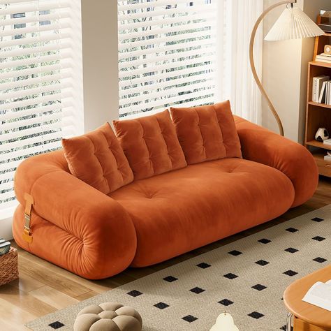 Burnt Orange Love Seat, Velvet Pull Out Couch, Orange Sleeper Sofa, Orange Sofa Decor Ideas, Dopamine Apartment, Burnt Orange Couch Living Room, Orange Velvet Couch, 70s Style Living Room, 70s Basement