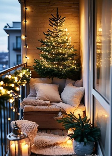 40+ Budget-Friendly Apartment Christmas Ideas to Brighten Your Holidays 74 Christmas Decor Idea For Small Apartment, Small Balcony Christmas Decorating Ideas, Christmas Loft Decor, Christmas Lights In Apartment, Christmas In An Apartment, Apartment Christmas Decor Balcony, Christmas Patio Decor Apartment, Apartment Balcony Christmas Decor, Balcony Christmas Decor Apartment