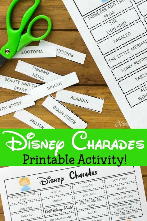 Check out this great boredom buster!  These printable Disney themed charades would also make a fun addition to your family game night. Print out this Disney movie charade game, cut out the movies, and have fun acting them out for others!  Great road trip game as well. #disney #printable #familytravel #mamacheaps Disney Charades, Game Night Gift Basket, Noahs Ark Craft, Middle School Choir, Charades Cards, Game Night Gift, Charades Game, School Age Activities, Disney Printables