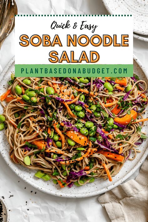 Enjoy this colorful 20-minute Soba Noodle Salad for a healthy lunch or light dinner! It’s easy to make by tossing soba noodles and a medley of vegetables in the most amazing vegan peanut sauce. Healthy Soba Noodles, Vegan Peanut Sauce, Thai Peanut Salad, Soba Salad, Soba Noodles Recipe, Glass Noodle Salad, Soba Noodle Salad, Asian Fusion Recipes, Peanut Salad