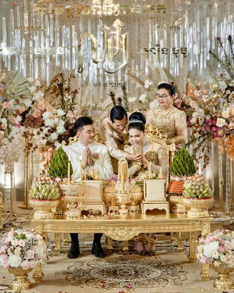 Cambodian Sweet 16, Cambodian Wedding Ceremony, Khmer Wedding Decorations, Cambodian Wedding Decoration, Thai Wedding Decoration, Lao Wedding, Laos Wedding, Ceremony Table, Cambodian Wedding Dress