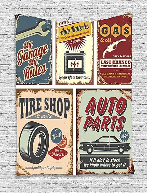 Vintage Car Birthday, Vintage Car Decor, Vintage Car Party, Man Garage, Retro Curtains, Automobile Advertising, Car Signs, Metal Wall Sign, Garage Walls