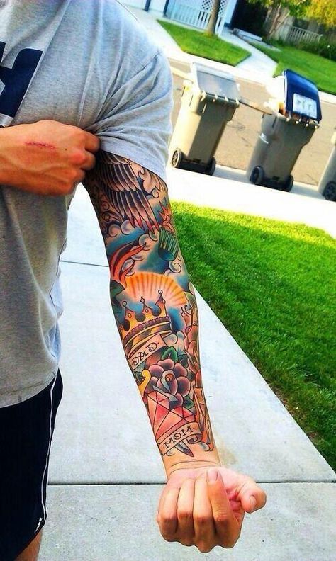 . American Traditional Sleeve, Tato Tradisional, Mangas Tattoo, Le Tattoo, Traditional Sleeve, Forearm Sleeve, Traditional Tattoo Sleeve, Forearm Sleeve Tattoos, Tattoos For Black Skin