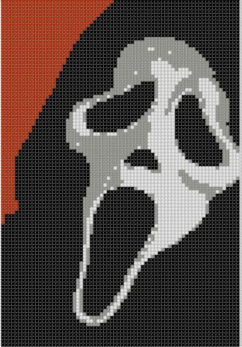 What's your favorite scary movie? Scream Cross Stitch, Horror Cross Stitch, Graph Crochet, Halloween Cross Stitch Patterns, Fair Isles, Pixel Crochet, Pixel Art Grid, Halloween Cross Stitches, Tapestry Crochet Patterns