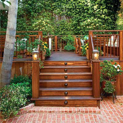 Deck Colors, Deck Stairs, Staining Deck, Wooden Steps, Lan Can, Decks Backyard, Brick Patios, Backyard Deck, Deck Lighting