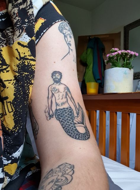 Male Mermaid Tattoo, Mermaid Tattoo Men, Tattoo And Stencil, Merman Tattoo, Nova Tattoo, Male Mermaid, Mermaid Top, Demi Bras, Mermaid Tattoo