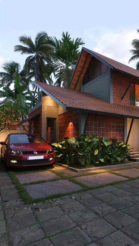 Laterite Stone House, Laterite Stone, Beige House Exterior, Modern House Ideas, Green Exterior Paints, Kerala Architecture, Houses Modern, Tropical House Design, Green Facade