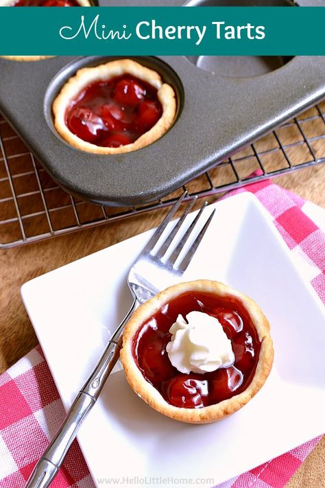 Mini Cherry Tarts recipe ... a delicious + easy dessert with only 4 ingredients! Make these mini cherry pies in muffin tins fast. These cherry tartlets feature a quick cream cheese crust and simple filling. These easy cherry tarts are a recipe your whole family will love! | Hello Little Home Cherry Tarts Recipe, Cherry Tartlets, Tart Cherry Recipes, Pumpkin Tartlets, Recipes With Cream Cheese, Cherries Recipes, Cherry Tarts, Tart Cherries Recipes, Cherry Recipes Dessert