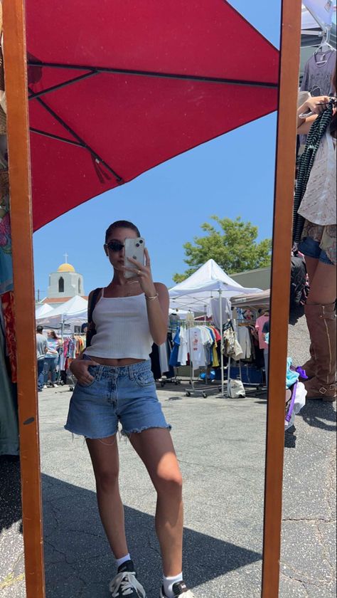 Jean Shorts, Levis, Summer Outfit, That Girl, Clean Girl, Trendy, Aesthetic, Mirror Pic, Thrifting, LA, Flea Market, Silver Lake Flea, Tank Top, White Tank Top, Sunnies, Round Sunnies, Slicked Back Hair, Instagram Aesthetic, Aesthetic, Summer Vibes, Summer Outfit Inspo, Vintage Denim Shorts Tank Top Outfit, Summer Flea Market Outfit, Levis Jean Shorts Outfits, Jean Short Aesthetic, Levi’s Jeans Shorts Outfit, Stemme Summer Outfits, Baggy Shorts Summer Outfit, Jeans And White Tank Top Outfit, Long Jean Shorts Outfit Aesthetic