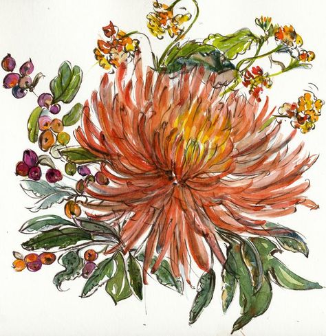 Mums Flowers Drawing, Painted Round Tables, French Country Cottages, Orange Mums, Orange Spider, Spider Mums, Fall Mums, Country Cottages, Mums Flowers