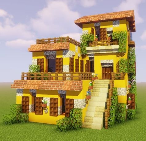 Minecraft House Facade, Retro Minecraft House, Minecraft Corner House, Yellow Minecraft House, Minecraft Yellow House, House Builds Minecraft, Colorful Minecraft Houses, Cat House Minecraft, House Ideas Minecraft