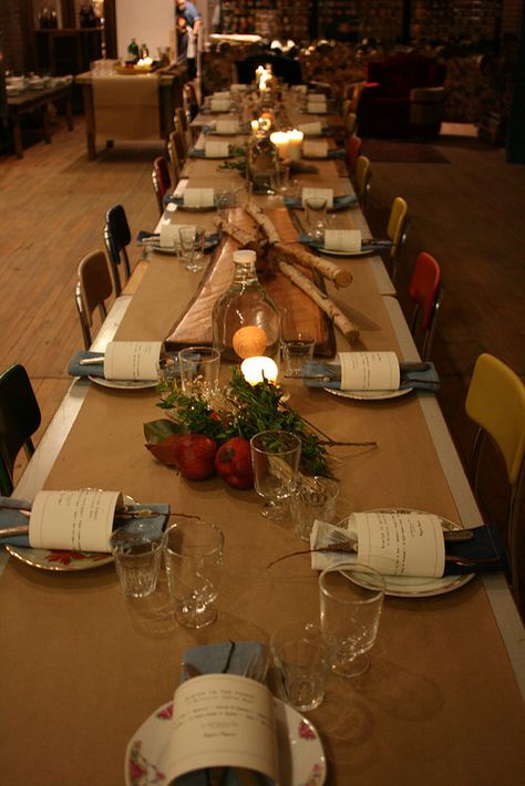 Supper Club at Smash by Pepper and Sprout. Rustic table setting with butcher paper runner on a salvaged harvest table. Feast Decoration Ideas, Kraft Paper Placemats Table Settings, Butcher Paper Runner, Supper Club Table Decor, Butcher Paper Tablecloth, Friendsgiving Feast, Ward Christmas Party, Rustic Table Setting, Prom Dinner