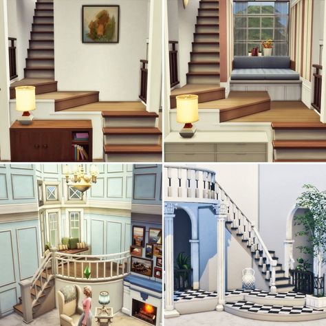 Sims 4 Curved Stairs, Sims 4 Second Life Conversion, Sims 4 Grand Staircase, Sims Stairs Ideas, Sims 4 Staircase Ideas, Sims 4 Nook Ideas, Sims 4 Staircase Cc, Sims 4 Build Tricks, Sims 4 Mansion Interior