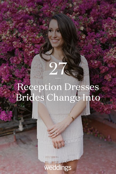 Click to get inspiration for your wedding reception dress that you can change into. Here are 27 wedding dresses that real brides changed int of or their wedding reception. #WeddingDress #WeddingReceptionDress #Ideas #Inspiration #Wedding #Bride #Bridal #Details | Martha Stewart Weddings - 21 Reception Dresses Brides Changed Into for Their Parties Bridal Change Dress, Non Traditional Reception Dress, Second Bride Dress For Reception, Bridal After Party Outfit Casual, Bridal Reception Party Dress, Reception Exit Dress, Bride Dress Change Reception, Bride Reception Party Dress, Wedding Change Dress