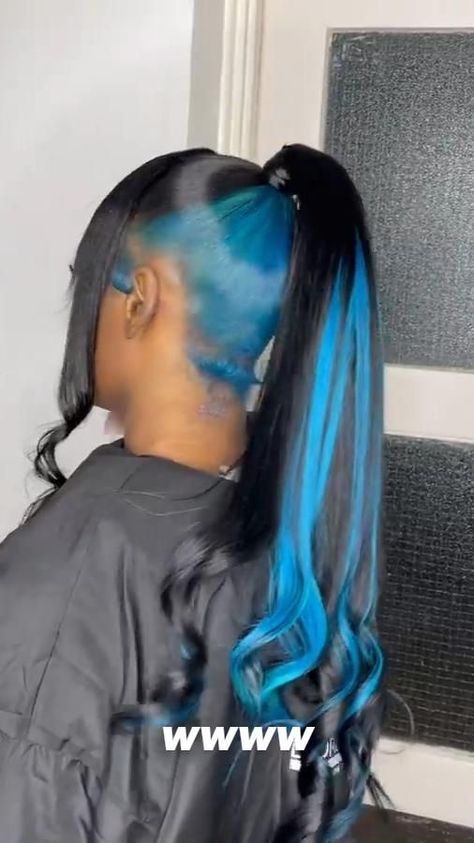 Purple And Blue Skunk Stripe Hair, Black And Blue Ponytail, Double Frontal Ponytail With Color, Stunk Strip Hairstyles Blue, Blue And Green Braids For Black Women, Blue Sew In Weave, Peekaboo Sew In Black Women, Peekaboo Ponytail Weave, Blue Peekaboo Hair Black Women