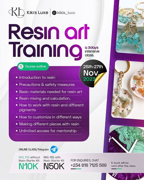 Graphic design of a resin art training Online Training Flyer Design, Online Class Flyer Design, Luxury Flyer Design, Resin Art Logo, Tutorial Flyer Design, Art Class Flyer, Workshop Flyer Design, Class Flyer Design, Graphical Poster