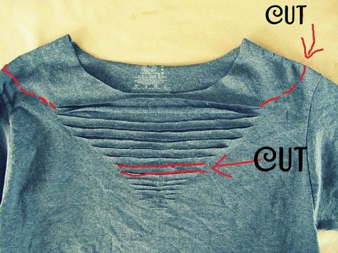 WobiSobi: Off the Shoulder, Ladder V-neck Tee: DIY Cut Tshirt Diy, Tee Shirts Diy, Distressed Tshirt Diy, Cut Up T Shirt, Umgestaltete Shirts, Cut Shirt Designs, Diy Cut Shirts, Shirt Makeover, Cut Up Shirts