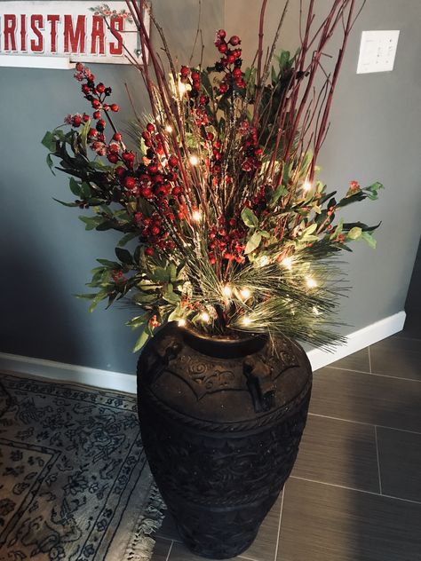 Floor Vase Christmas Arrangement, Christmas Floor Vase Ideas, Bethlehem Lights, Tall Floral Arrangements, Christmas Stem, Christmas Vases, Lighted Branches, Christmas Church, Christmas Floral Arrangements