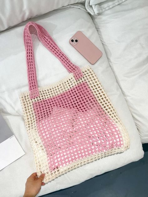 Two Tone Hollow Out Crochet Bag | SHEIN EUR Small Crochet Accessories, Crochet School Bag, Two Tone Crochet, Shein Crochet, Crochet School, Crochet Shoulder Bags, My Style Bags, Crochet Business, Handbag Pattern