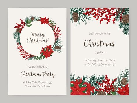 Christmas Invitation Card, Holly Leaves And Berries, Christmas Party Invitation Template, Christmas Holiday Greetings, Christmas Flyer, Merry Christmas Card Greetings, Merry Christmas Greetings, Watercolor Christmas Cards, Holly Leaves