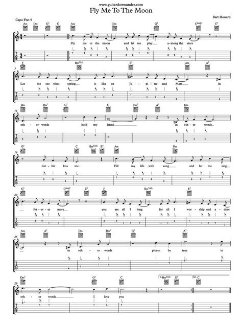 Fly Me To The Moon - Frank Sinatra hit song melody line and guitar chords Fly Me To The Moon Guitar Tab, Easy Guitar Tabs Songs, Ukulele Tabs Songs, Classical Guitar Sheet Music, Guitar Tabs Acoustic, Guitar Tabs And Chords, Piano Songs Sheet Music, Jazz Guitar Lessons, Acoustic Guitar Chords