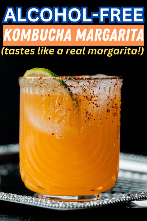 Virgin Kombucha Margarita - tastes like a real margarita! Seriously, this doesn't taste like watered down, fizzy juice, it's delicious and nuanced. Kombucha Margarita, Margarita Mocktail, Flavored Margaritas, Chili Lime Seasoning, Alcohol Free Drinks, Fermented Tea, Make Simple Syrup, Spicy Margarita, Classic Margarita