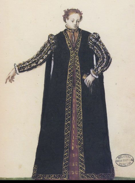 Gentlewoman's Gown 1570s Il Libro del Sarto aka The Milanese Tailor's Handbook Querini-Stampalia Library Venice Western Clothing, Historical Dresses, Nun Dress, Venice, History, How To Wear, Clothes