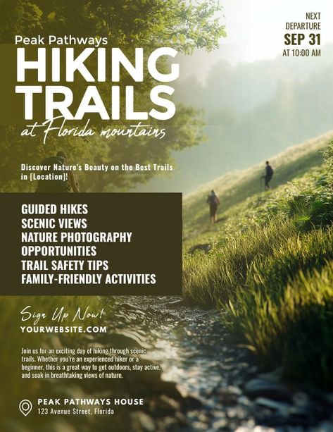 Green Professional Hiking Trails Flyer (us Le | PosterMyWall Hike Poster Design, Hiking Flyer Design, Event Poster Template, Hiking Club, Linkedin Background Image, Linkedin Background, Kindle Book Cover, Club Poster, Event Poster Design