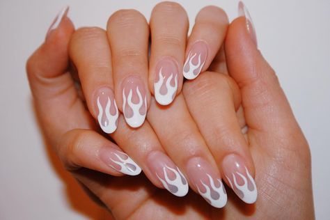 White Fire Nail Design, White Fire Nails, 13 Nails, Almond Shaped Nails Designs, Flame Nails, Flame Nail Art, Summer Nails Almond, Infinity Nails, Sns Nails