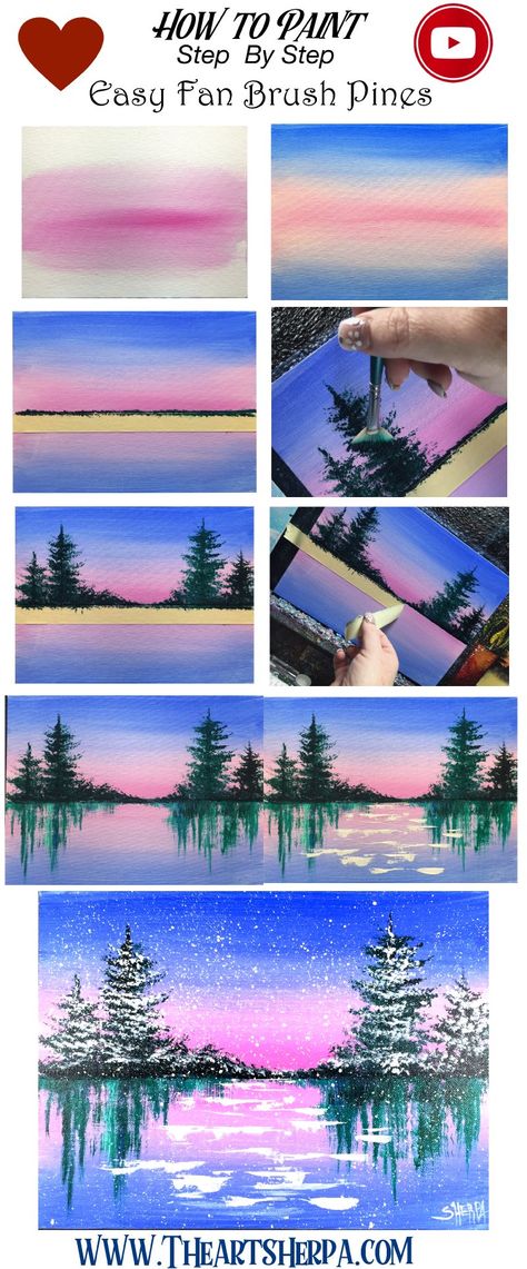 Fan Brush Painting, Painting Tutorial Step By Step, The Art Sherpa, Bored Art, Acrylic Landscape, Canvas Painting Tutorials, Fan Brush, Easy Canvas Painting, Brush Painting