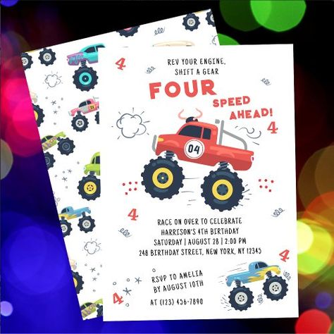 $1.99 | Rev Your Engine 4th Birthday Monster Car Trucks #birthday, 4th birthday, fourth, rev your engine, kids, modern, boy, cute, cars, gender neutral Birthday Second, Monster Truck Theme, 92nd Birthday, Monster Car, Truck Theme, Third Birthday Party, Monster Truck Birthday, 2nd Birthday Invitations, Birthday Kids