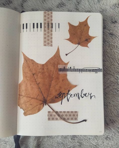 Autumn is coming and the 1st page of September in my bujo shows it. Music, washi tape, leaves and autumn vibes. September Spread, Bullet Journal Examples, Bullet Journal September, Autumn Is Coming, Black Journals, Real Leaves, Planner Decorating, Journal Cover, Make A Plan