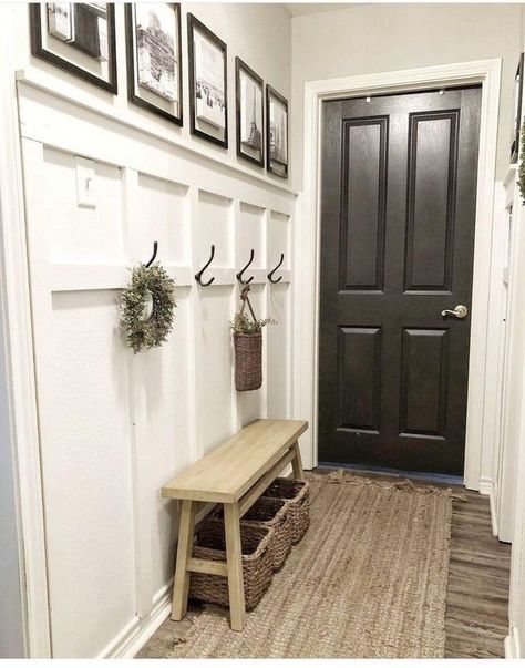 Side Entry Way Ideas, Wall Foyer Ideas, Hallway Inspiration Panelling, Narrow Entry Bench Ideas, Entry With Bench And Hooks, Mudwall Entryway, Wood Entry Wall, Small Hall Ways Ideas, Large Entry Way Ideas Farmhouse