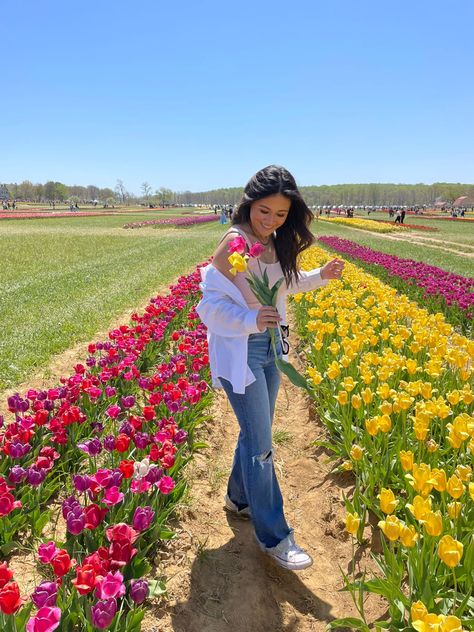 Flower Field Outfit, Farm Picture Ideas, Field Outfit, Spring Picture Ideas, Tulips Images, Button Down Outfit, Flower Picking, Farm Pictures, Summer Poses