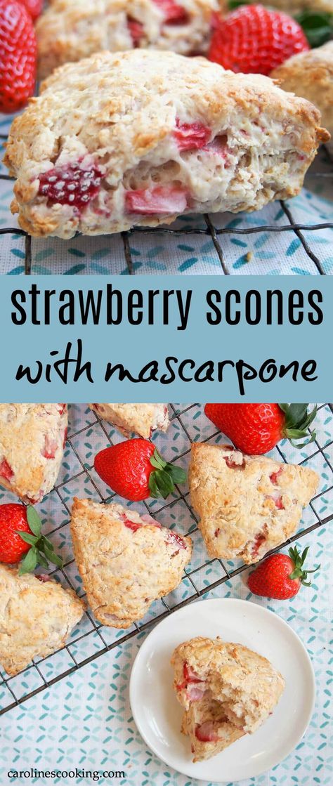 These strawberry scones are made with mascarpone and a double doze of strawberries for a wonderfully soft, fruity mouthful in every bite. Easy to make, they're a wonderful snack. #scone #strawberry #baking Mascarpone Scones, Strawberry Rhubarb Scones, Strawberry Baking, Mascarpone Recipes, Strawberry Scones, Strawberry Rhubarb, Scone Recipe, Food Stuff, Fruit Desserts