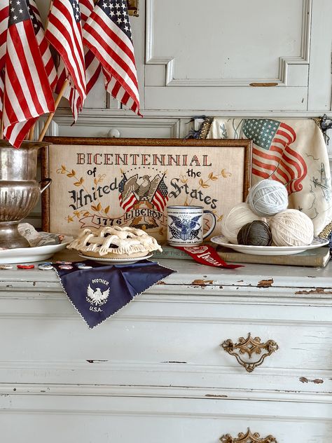 Vintage Patriotic Vignettes, Vintage Patriotic Decor, Patriotic Mantle Decor, Vintage Americana Decor, Patriotic Decor Ideas, Americana Home Decor, July 4th Decor, Marine Corps Veteran, Americana Home