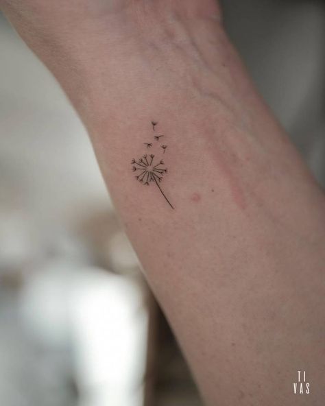 Fine line dandelion tattoo located on the wrist. Cross And Dandelion Tattoo, Fine Finger Tattoo, Dandelion Tattoo Small Finger, Dandelion Tattoo Finger, Fineline Dandelion Tattoo, Wildflower Tattoo Minimalist, Micro Dandelion Tattoo, Wrist Dandelion Tattoo, Dandelion Tattoo On Hand