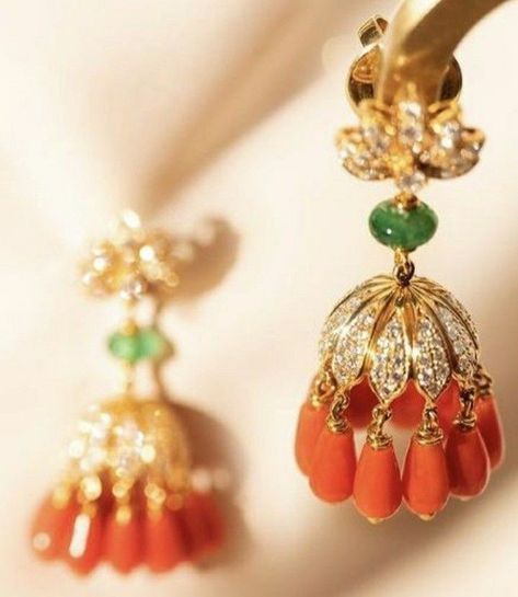 Coral Jewelry Indian Gold Earrings, Traditional Telugu Jewellery, Coral Earrings Gold Indian, Navratna Pendant, Hair Craft, Baby Jewellery, Coral Jewelry Set, Jewelry Wishlist, Gold Jhumka Earrings