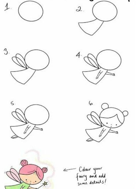 Easy Doodle Art Design, Easy Fairy Drawing, Trin For Trin Tegning, Drawing Lessons For Kids, Fairy Drawings, Draw Easy, Easy Drawing Tutorial, Drawing Tutorials For Kids