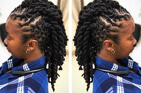 Loc Faux Hawk, Loc Hawk Styles, Mohawk Dreadlocks Women, Mohawk Locs For Women, Barrels Locs, Loc Mohawk Styles, Sisterloc Styles, Loc Updos, Sisterlocks Styles Updo